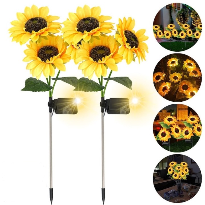 Комплект 2 броя соларни лампички със слънчогледи за външна декорация с 3 светодиода, водоустойчиви декоративни жълти лампички за вътрешен двор, морава, градина, двор, декорация на пътека, декоративни аксесоари