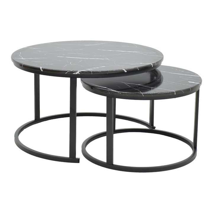 Set 2 Masute de Cafea Model Revelon, Negru marmorat/Negru, 80x80x45 cm