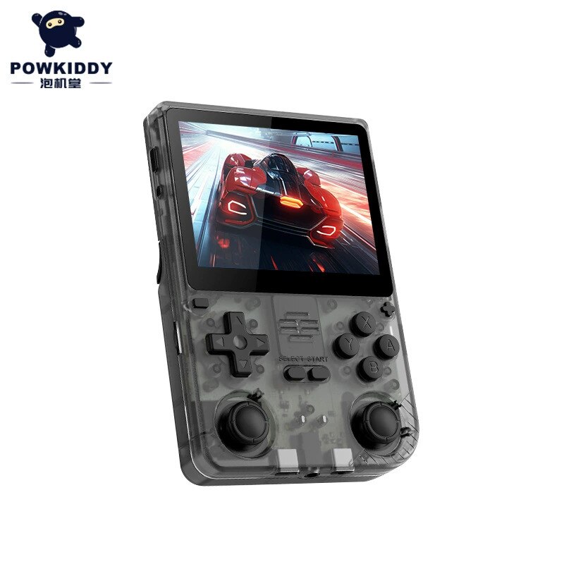 Consola portabila de jocuri Powkiddy V20, 3.5 Inch IPS, 64GB, 10 emulatoare, dual analog, 5000mAh, 10.000 jocuri, Negru transparent