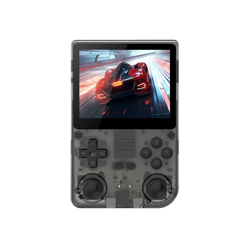 Consola portabila de jocuri Powkiddy V20, 3.5 Inch IPS, 64GB, 10 emulatoare, dual analog, 5000mAh, 10.000 jocuri, Negru transparent