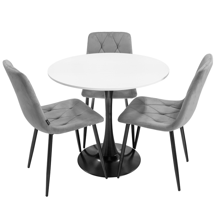 Set masa Innsbruck, DENVER, blat alb si picior negru cu 3 scaune Kobe gri, forma rotunda, 80x73 cm