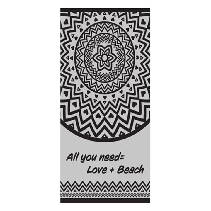 Prosop pentru Plaja, cu Model Mandala si mesaj "All you need=love+beach", 180x100cm, Gri