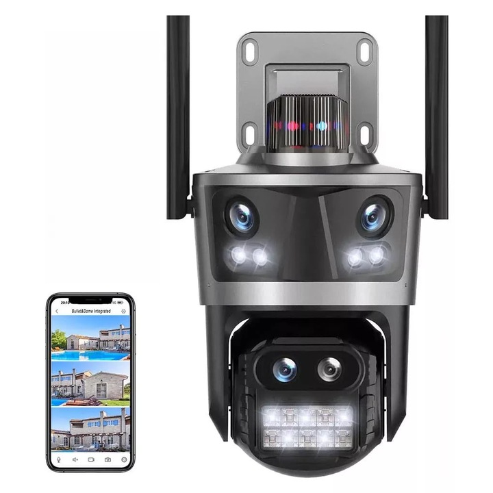 WiFi камера за видеонаблюдение, Bluetooth, TSS-P12-8, Ultra HD, 4 обектива, широкоъгълен обхват, 8x увеличение, нощно виждане, сирена, двупосочно аудио, детектор на движение, слот за карта