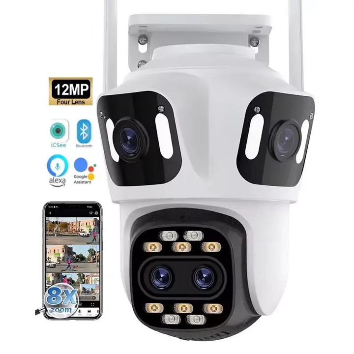 Camera de Supraveghere WiFi, Bluetooth, P15-8X, Ultra HD, 4 Lentile, Unghi Larg, Zoom 8X, Night Vision, Autotracking, Audio Bidirectional, Detectia Miscarii, Slot card