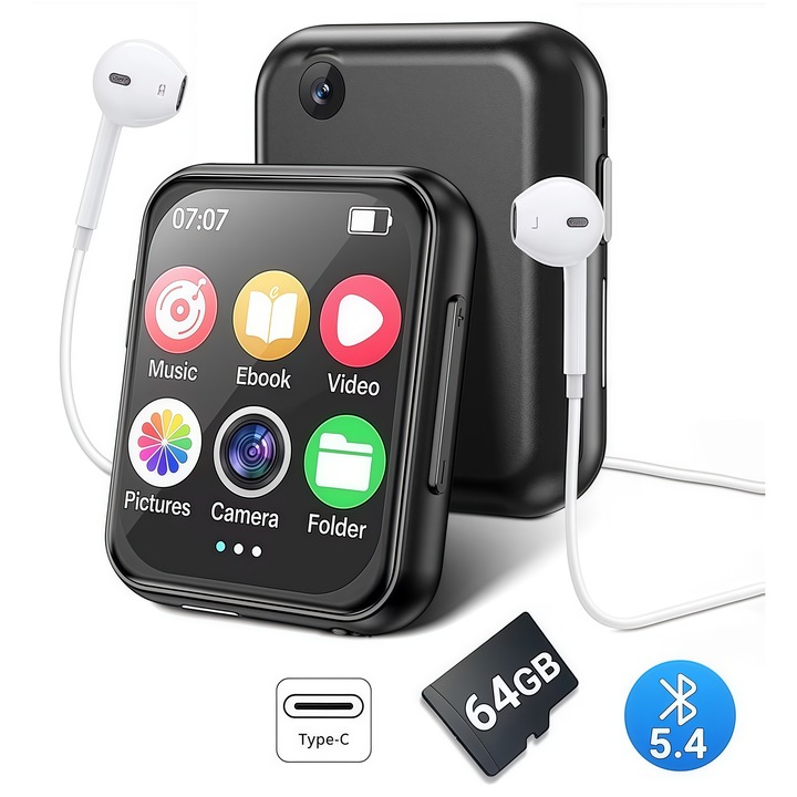 Player MP3 MP4 portabil, Bestplaza®, bluetooth 5.4, Cu ecran tactil IPS 1.96 inch, 64GB SD card, Camera 720P, Calitate audio Hi-Fi fara pierderi, Difuzor incorporat, Multifunctional, Pentru sport, fitness, alergare, calatorii, Negru
