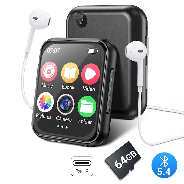Hordozható MP3 MP4 lejátszó, Bestplaza, bluetooth 5.4, 1,96 hüvelykes IPS érintőképernyővel, 64 GB-os SD-kártyával, 720P kamerával, Hi-Fi veszteségmentes hangminőséggel, beépített hangszóróval, sporthoz, fitneszhez, futáshoz, utazáshoz, fekete
