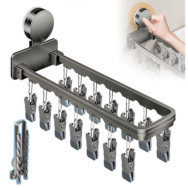 Uscator de rufe perete, BestPlaza®, Suport pentru lenjerie si sosete, Metalic, Pliabil, Cu 14 cleme, Usor de instalalat, Portabil multifunctional, Pentru balcon baie dormitor, Gri