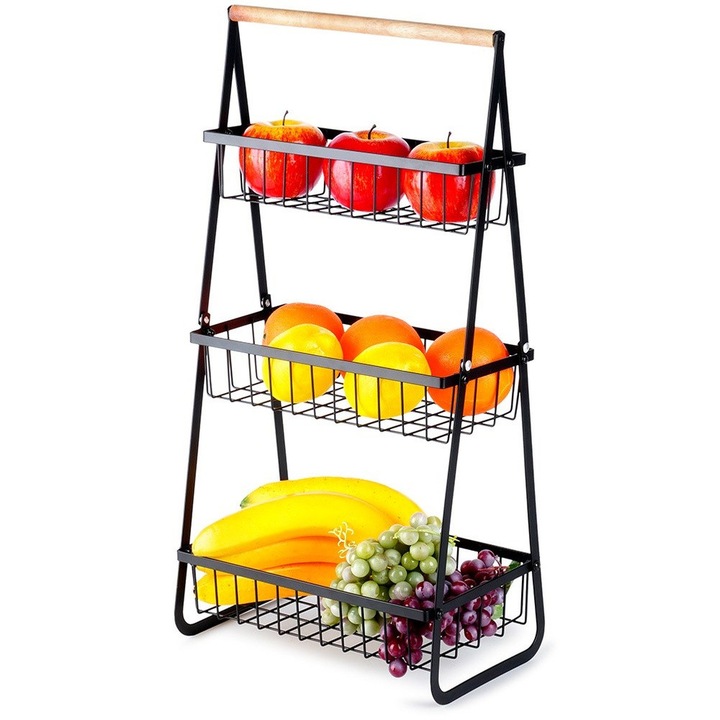 Suport pentru fructe si legume, metalic, Artemis, 3 niveluri, negru, 29x18x57,5cm