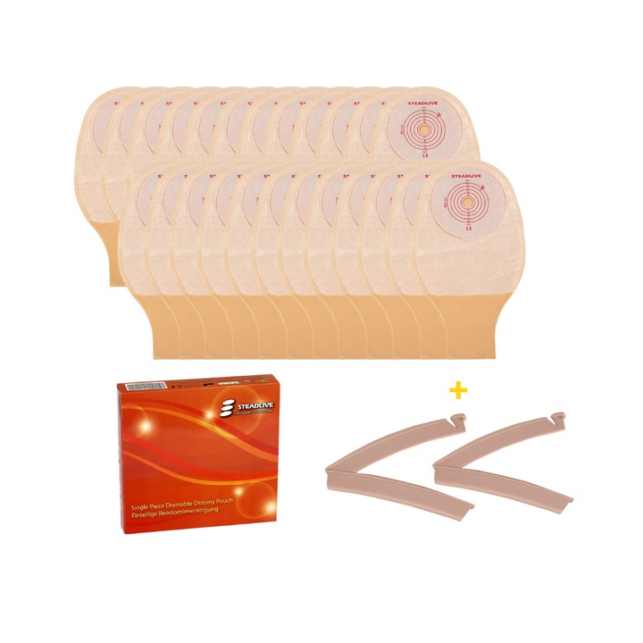 Set 24 pungi de colostomie/ileostomie Steadlive 20-70 mm, cu evacuare, inchidere cu clema, filtru, opaca, 24 bucati/ cutie