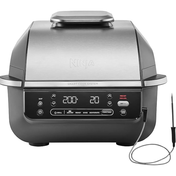 Фритюрник с горещ въздух, Ninja EG351EU 5 в 1, 5 функции за готвене, капацитет 5.7 л, побира до 4 бургера, ниско димно отделяне, включва дигитален термометър за пържола, цвят черно/сребристо