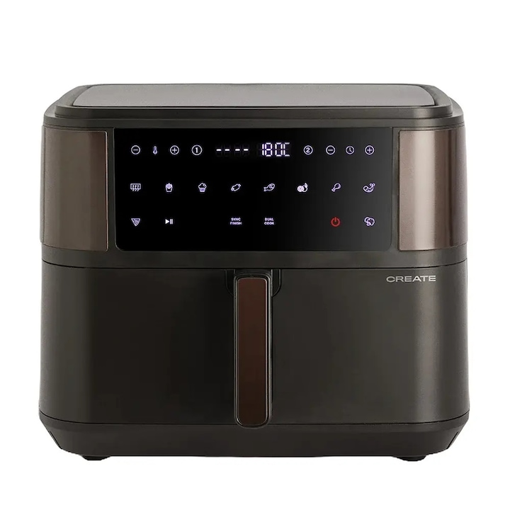 Фритюрник с горещ въздух CREATE, Air Fryer Dual, вместимост 10 литра, без олио, 10 програми, регулируема температура 50-200°C, 60 мин. таймер, сензорен екран, автоматично изключване, звуков сигнал, ергономична дръжка, бързо загряване, черен