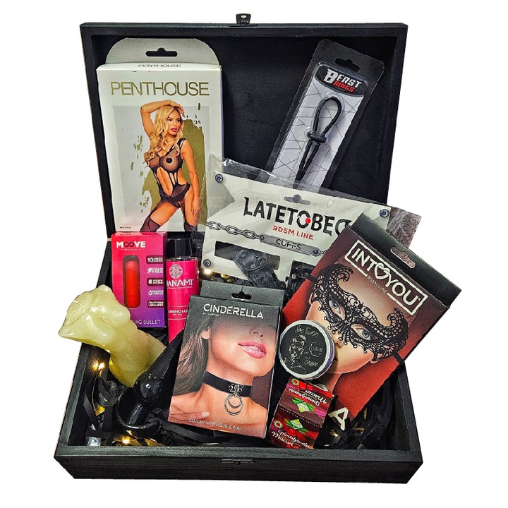 Set Cutie Cadou cu accesorii pentru adulti, Let's Be Kinky, pentru cupluri indraznete, cutie din lemn, negru, cu iluminare led
