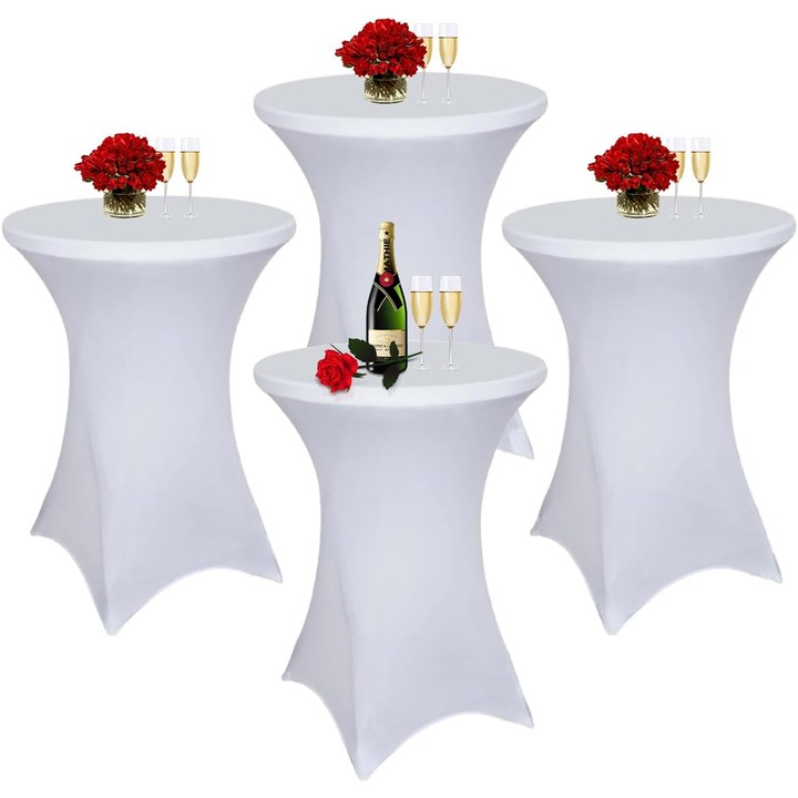 4 darabos rendezvényasztal-terítő szett, NEVERMORE, rugalmas huzat, koktélasztalhoz, poliészter, kerek forma, átmérő 80 cm, magasság 110 cm, fehér