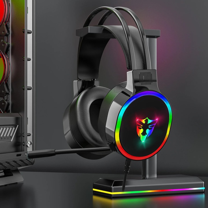 Gamer fejhallgató mikrofonnal, fekete, 7.1 surround hangzással, RGB LED-del, szett