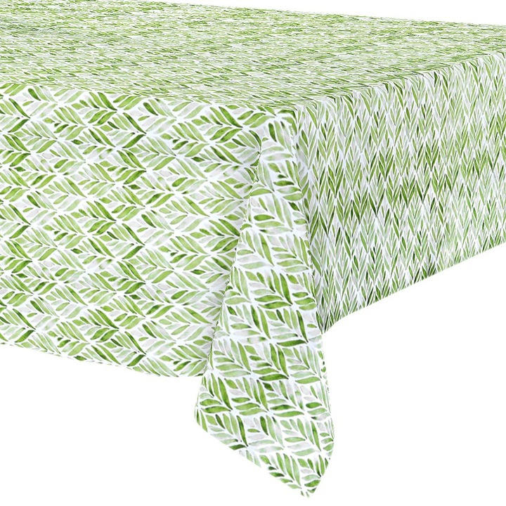 Terítő, Excellent Houseware, 180x130 cm, Vízálló, Foltelálló, Anyag: Poliészter, Kézzel Mosható, Fehér, Zöld Levelekkel
