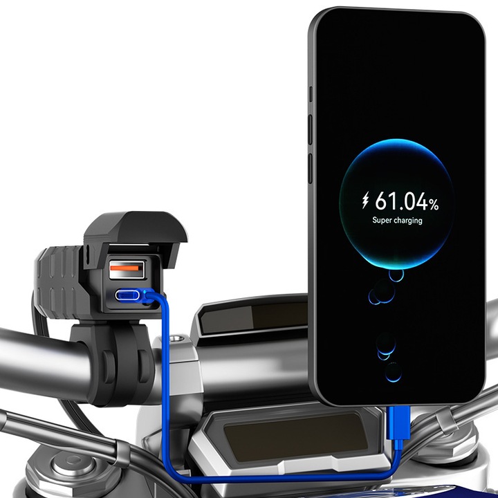 USB töltő motorkerékpárhoz, Fudisenn, kétportos USB-A és USB-C, 36W + 18W, vízálló, kormányra vagy tükörre rögzíthető, fekete