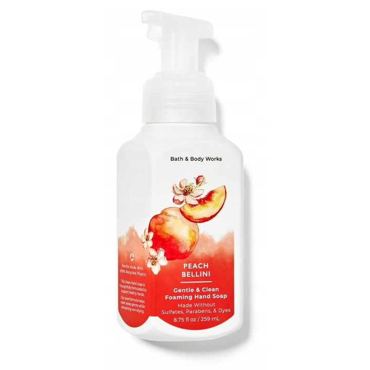 Пенещ се сапун, Bath & Body Works, Peach Bellini, 259 мл, пяна, унисекс, прозрачна бутилка, натурални масла, витамин Е, екстракт от масло от ший, алое вера