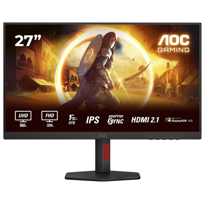Геймърски монитор Fast IPS LED AOC 27" U27G4R, UHD 3840 x 2160, HDMI, DisplayPort, Pivot, 320 Hz, 1 ms Черен/Червен