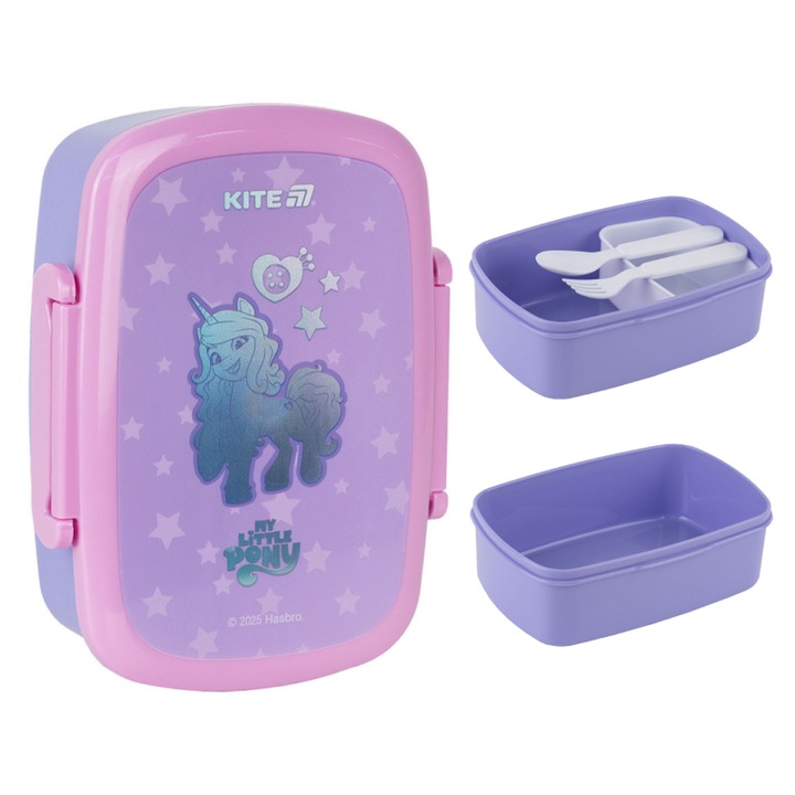 Caserola scolar pentru fete Kite My Little Pony, 750 ml, plastic fara BPA, cu tacamuri