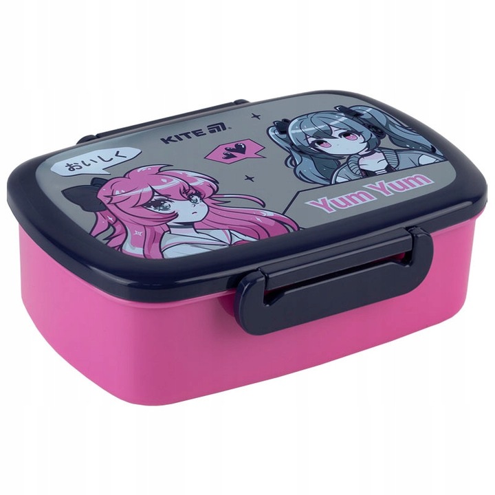 Caserola pentru pranz Anime Kite, pentru fete, 750ml, cu tacamuri si mini-container, plastic alimentar fara BPA, 18х13,5х6 сm, roz
