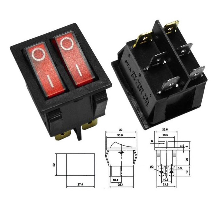 Intrerupator dublu, 6 pini, 2x2 pozitii, iluminat, rosu, 250 V CA, 15 A, 28 x 22 mm