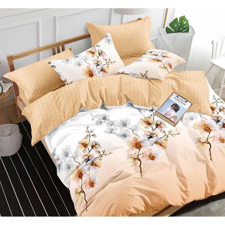 Set Lenjerie de Pat Compus din 4 Piese, Cearceaf cu Elastic, Material bumbac finet, Pentru pat dublu, Model Galben cu Flori