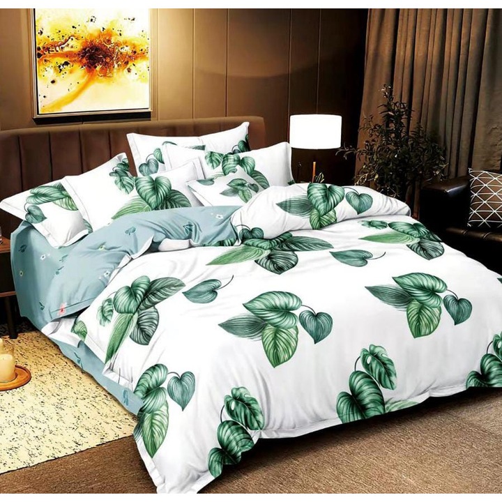 Set Lenjerie de Pat Compus din 4 Piese, Cearceaf cu Elastic, Material bumbac finet, Pentru pat dublu, Model Alb cu Frunze Verzi