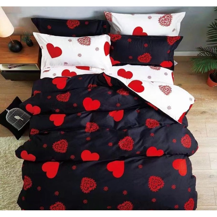 Set Lenjerie de Pat Compus din 4 Piese, Cearceaf cu Elastic, Material bumbac finet, Pentru pat dublu, Model Negru cu Inimi