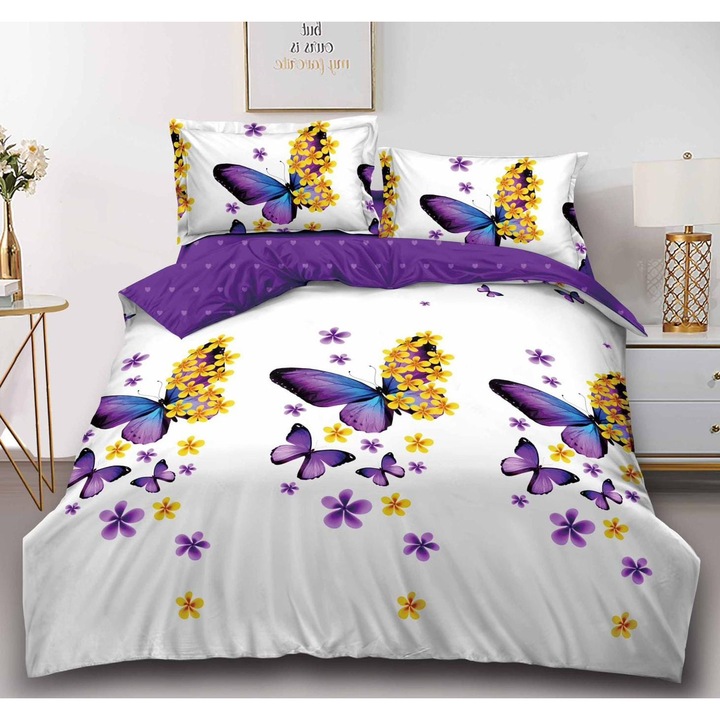 Set Lenjerie de Pat Compus din 4 Piese, Cearceaf cu Elastic, Material bumbac finet, Pentru pat dublu, Model Alb cu Fluturi Mov