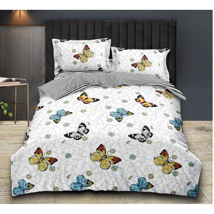 Set Lenjerie de Pat Compus din 4 Piese, Cearceaf cu Elastic, Material bumbac finet, Pentru pat dublu, Model Alb cu Fluturi Multicolori