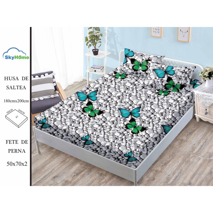 Set Lenjerie de Pat 3 Piese din Finet Premium, Cearceaf de Pat cu Elastic 180x200cm, cu 2 Fete de Perna, pentru Pat Dublu, Culoare Gri