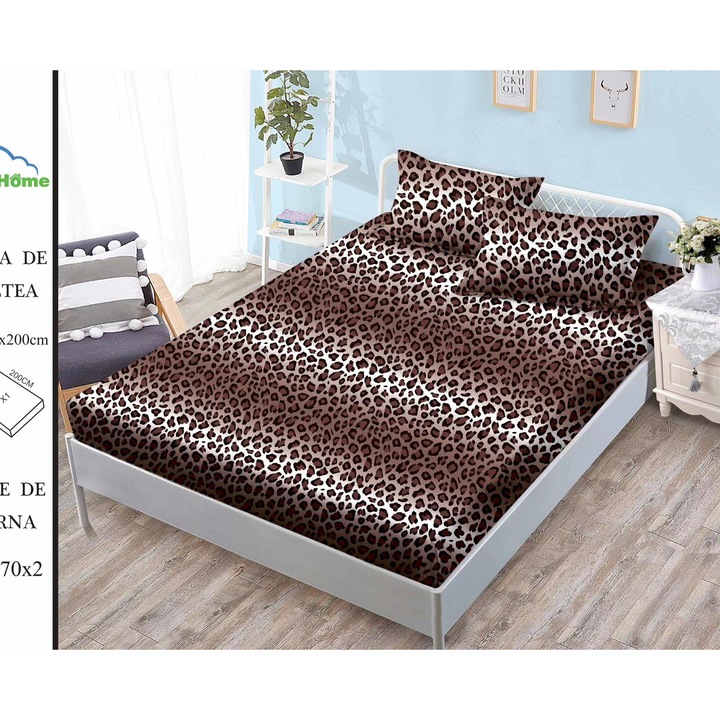 Set Lenjerie de Pat 3 Piese din Finet Premium, Cearceaf de Pat cu Elastic 180x200cm, cu 2 Fete de Perna, pentru Pat Dublu, Culoare Maro Inchis