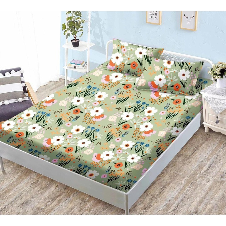 Husa Finet 3 Piese cu Elastic, 2 Fete de Perna, pentru Pat Dublu, 180 x 200 cm, Verde cu Flori