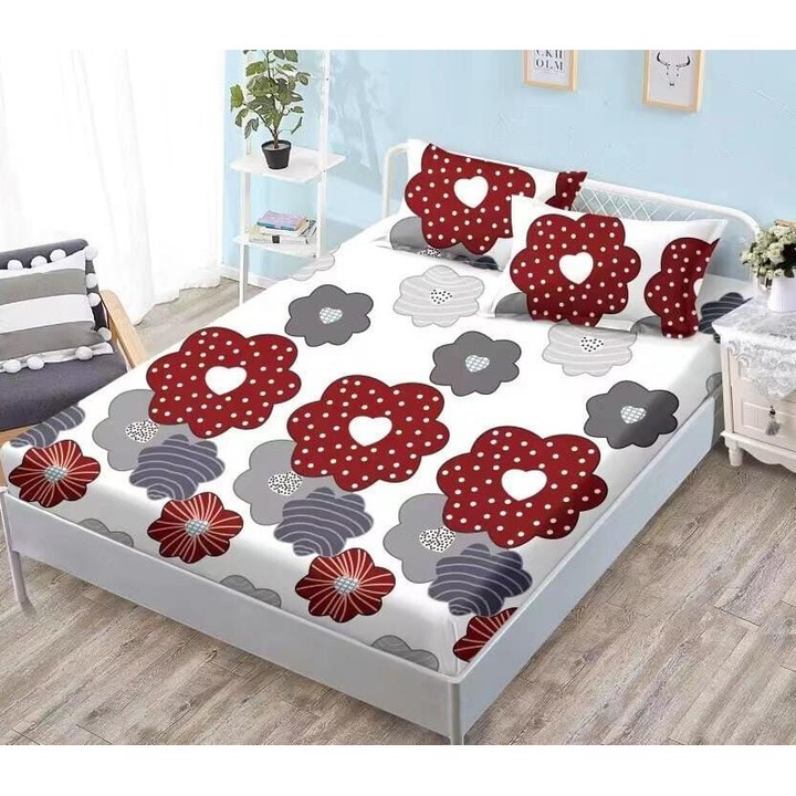 Husa Finet 3 Piese cu Elastic, 2 Fete de Perna, pentru Pat Dublu, 180 x 200 cm, Alba cu Flori