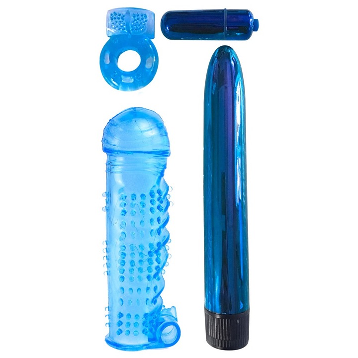 Classix vibrátor 4 darabos készlet, 17,8 cm, péniszgyűrű 4x7 cm, kék