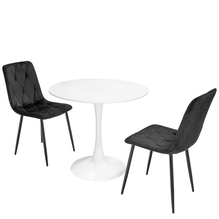 Set masa Innsbruck, DENVER, blat alb si picior alb cu 2 scaune Kobe negru, forma rotunda, 80x73 cm