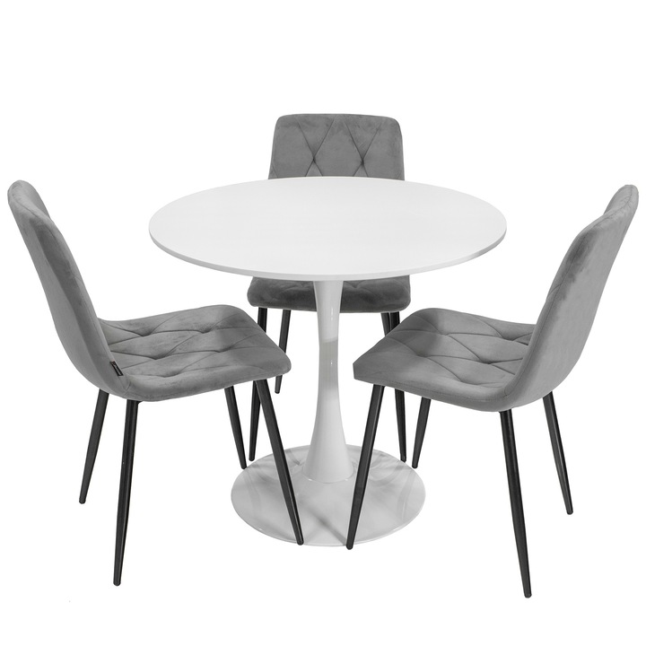 Set masa Innsbruck, DENVER, blat alb si picior alb cu 3 scaune Kobe gri, forma rotunda, 80x73 cm