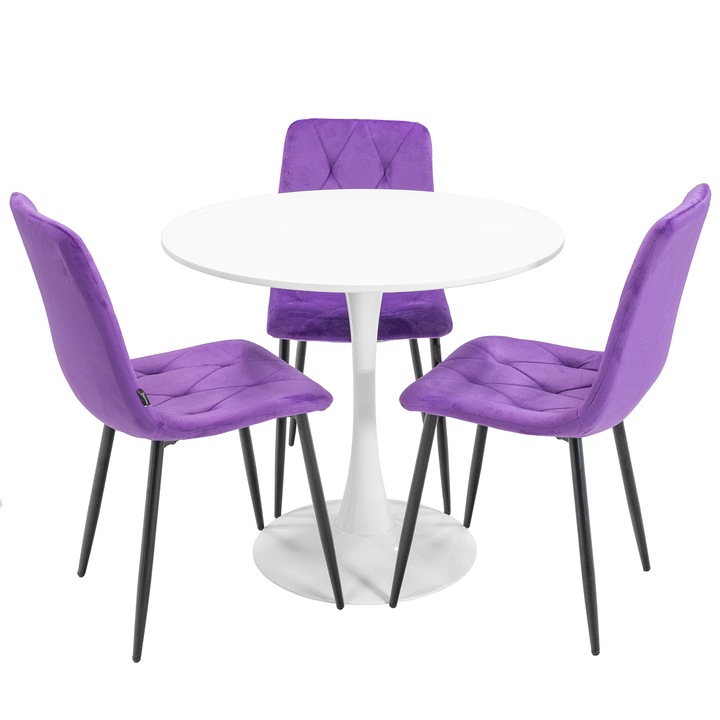 Set masa Innsbruck, DENVER, blat alb si picior alb cu 3 scaune Kobe mov, forma rotunda, 80x73 cm