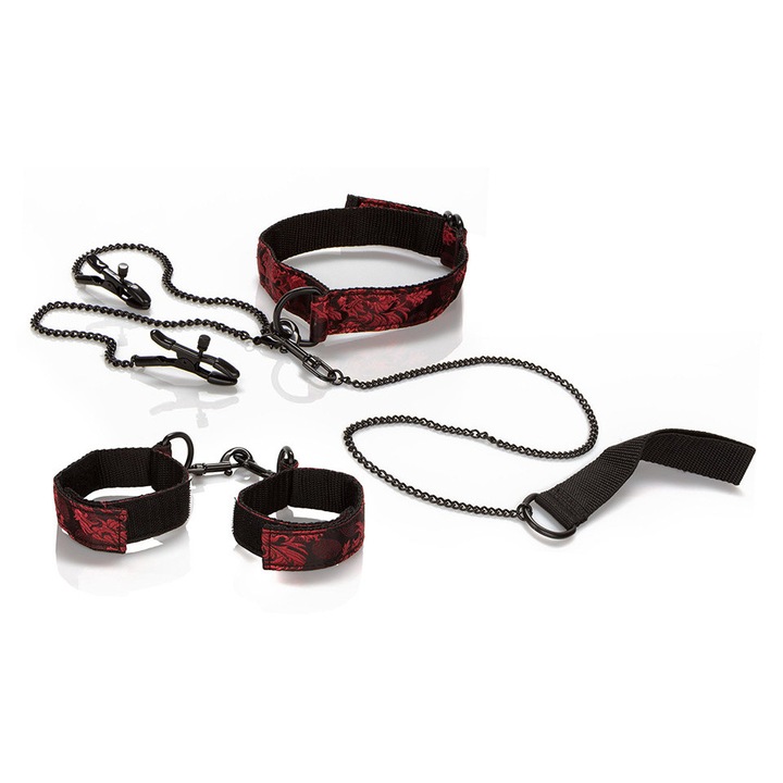 Scandal Submissive kötözőszett, CalExotics, piros-fekete mandzsetta, dupla gallér, állítható méretek