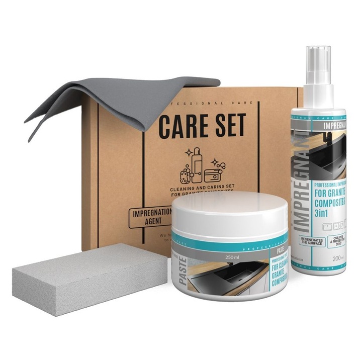 Kit intretinere chiuvete granit: pasta de curatare + ulei impregnant + laveta + burete, SanDonna