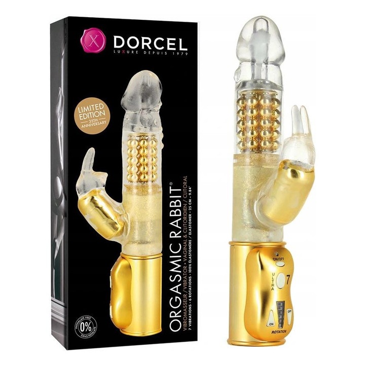 Многофункционален вибратор Dorcel, Orgasmic Rabbit, 7.5x25 см, 6 нива на въртене, 7 режима на вибрация, Златист