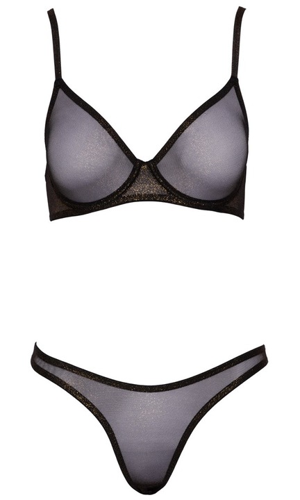 Szexi fehérnemű szett, Cottelli, merevítős melltartó és tanga, fekete, arany csillámos háló, rugalmas., M INTL