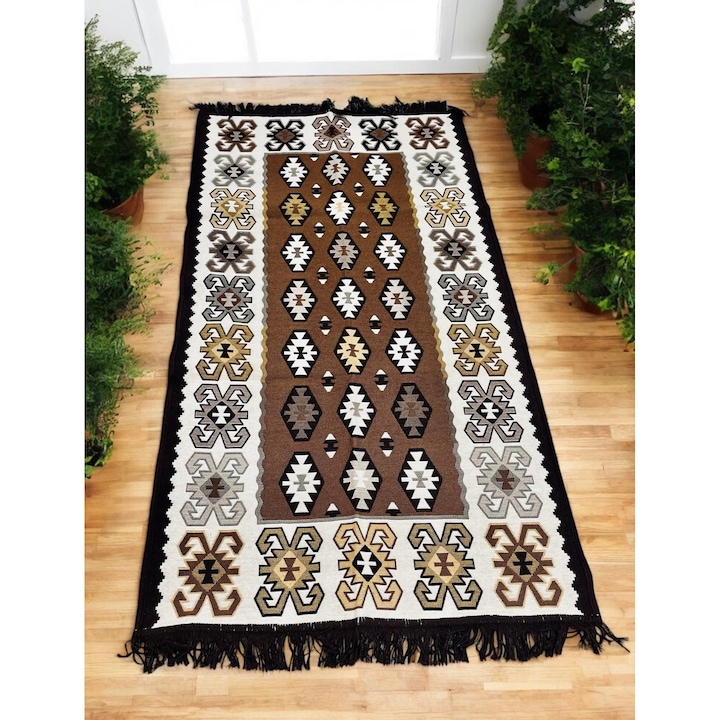 Covor Traditional tesut, cu doua fete, dimensiunea 80 x 150 cm, Bej Maro Crem Alb
