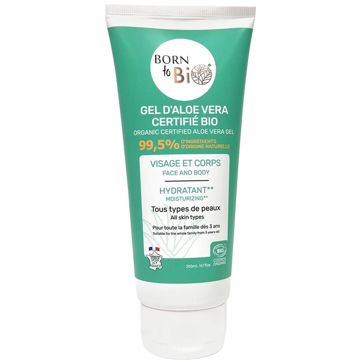 Био Алое Вера Гел - Born to Bio, 200 ml, Cosmos Organic сертифициран, хидратиращ, успокояващ и естествено регенериращ гел за лице и тяло