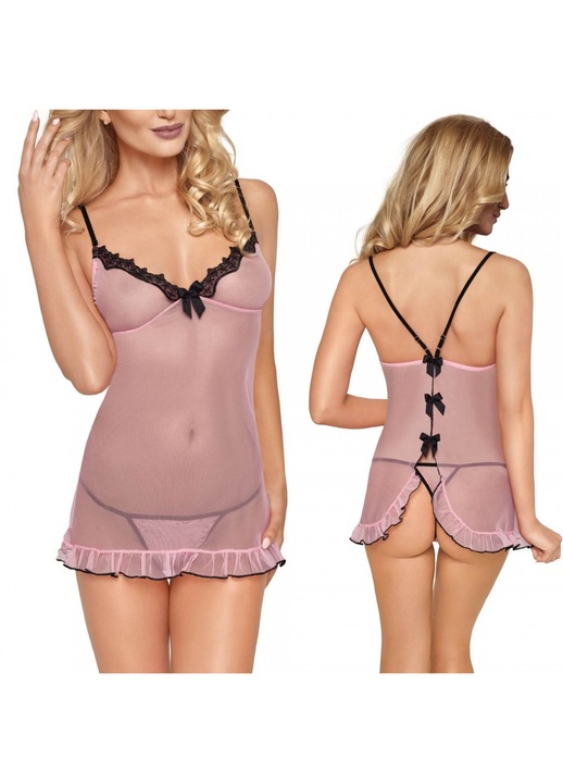 Szexi fehérnemű szett, Roxana, póló és tanga, rózsaszín, tüll fekete csipkével