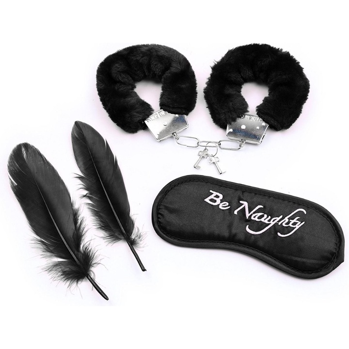 Set BDSM Fetish Fever, 4 piese, mansete, masca, negru