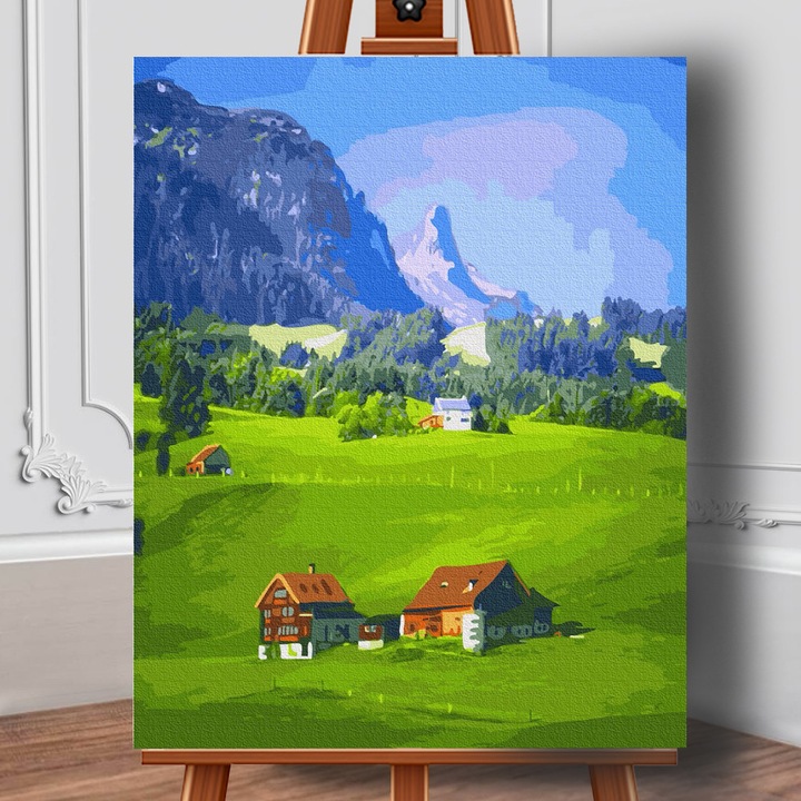 Pictura pe panza Sat in munti 50x40 cm