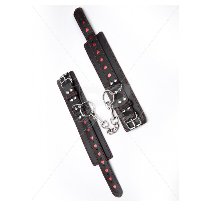 Set mansete pentru glezne Argus, negre cu inimioare rosii, 37.5x5.5cm, din piele, fara nichel