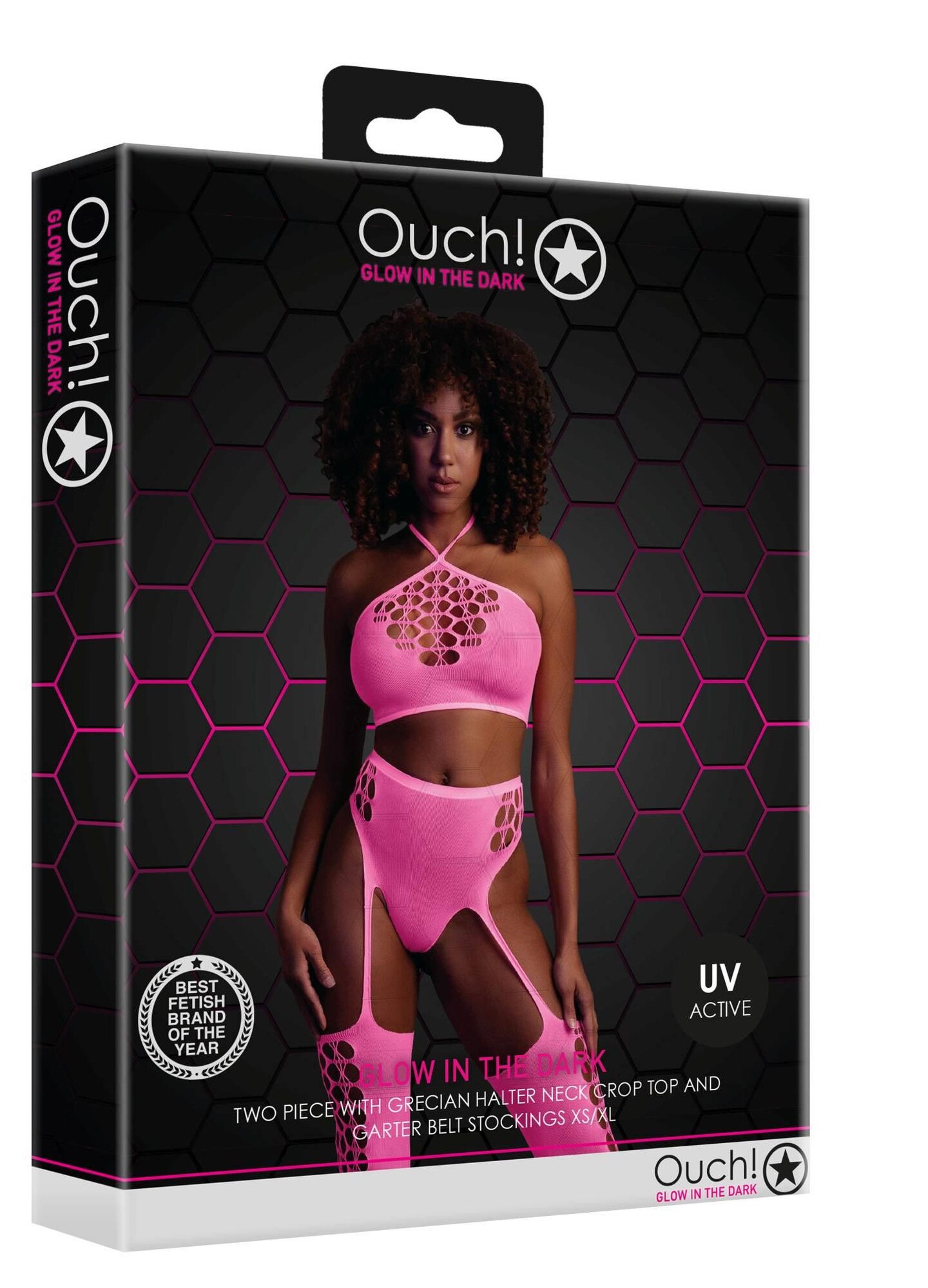 Lenjerie sexy set cu top scurt si ciorapi, Ouch!, roz neon, XS/XL
