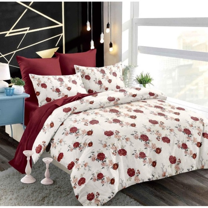 Lenjerie de Pat Dublu, Primavara, Finet, Cearsaf cu Elastic, Imprimeu Trandafiri, 6 piese, 2 persoane, 180x200cm, Alb Murdar-Bordo